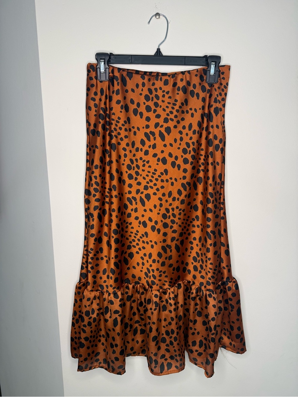 Rust Animal-Print Midi Skirt with Ruffle Hem